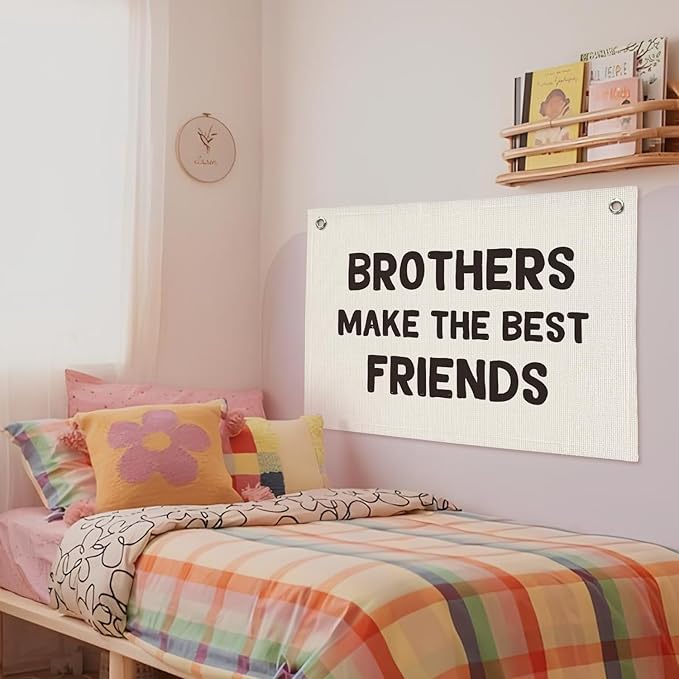 Brothers Make The Best Friends Banner, Boys Room Decor, Toddler Boy Linen Banner Wall Hanging Flag Decor for Nursery 20x30 - White
