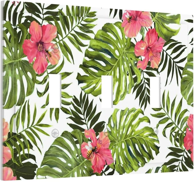 Tropical Plant Green Palm Triple Toggle Light Switch Cover 3 Gang Wall Plate Decorative Banana Leaves Pink Flower Rainfores Jungle Botanical Electrical Facplate for Bathroom Kitchen Home 6.7" x 4.8"