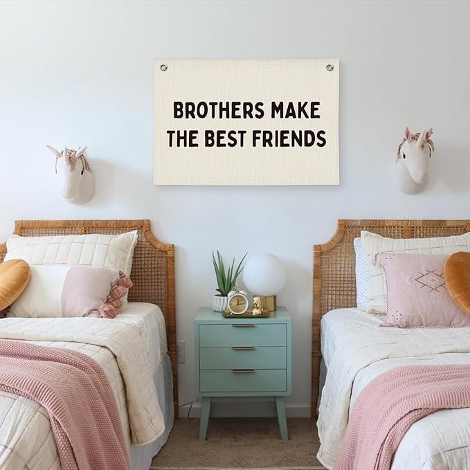 Brothers Make The Best Friends Banner, Boys Room Decor, Linen Canvas Banner Wall Hanging Flag Decor for Toddler Boy Kids Room Nursery Bedroom Playroom 20x30