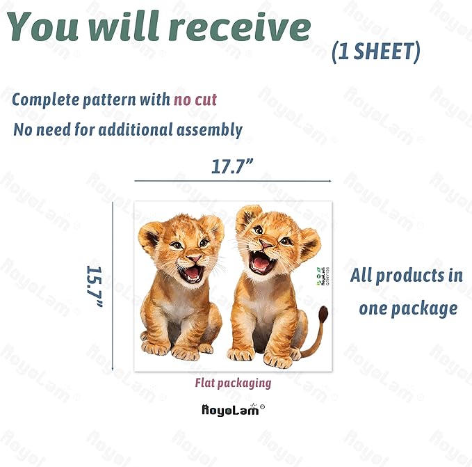 Baby Lions Wall Decals Removable Animal Cubs Vinyl Stickers for Nursery Living Room and Kids Playroom Watercolor Decor Peel and Stick Wall Art