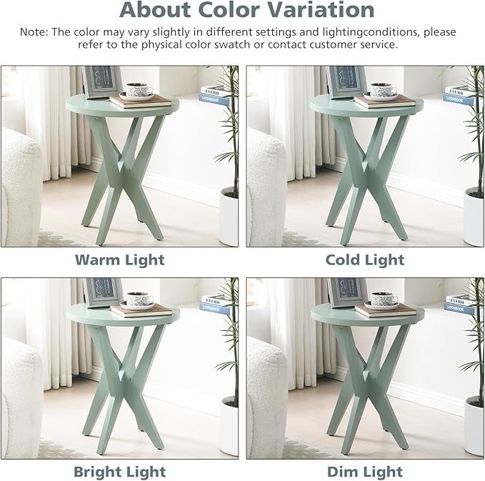 Modern Round End Table with Crossed Legs, Unique Small Green Side Table, Outdoor Accent Table, Easy Assembly Bedside Table for Living Room, Balcony, Small Spaces