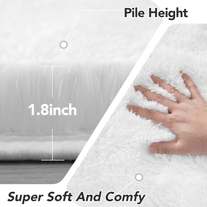 Round Area Rug for Living Room: White Shag Rugs for Bedroom- 8x8 Feet Fluffy Round Rugs for Living Room- Shag White Rugs Soft Plush Indoor Carpets for Bedroom, Nursery, 8ft