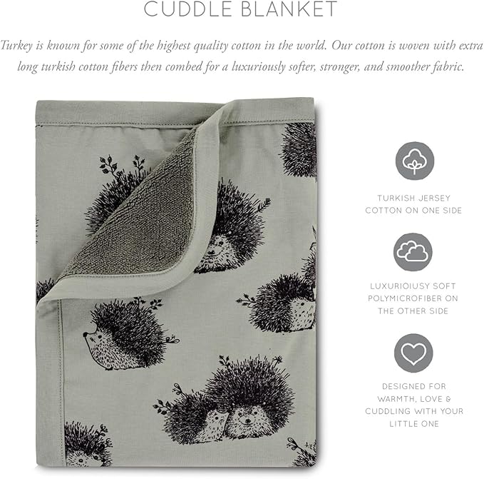 Oilo Baby Blanket, Luxury Soft Plush Backing & 100% Turkish Cotton Jersey Print, Double Layered, 30" x 40", Rolled Jersey Edge Trim, Machine Washable, Perfect for Infant or Toddlers, Olive, Hedgehog