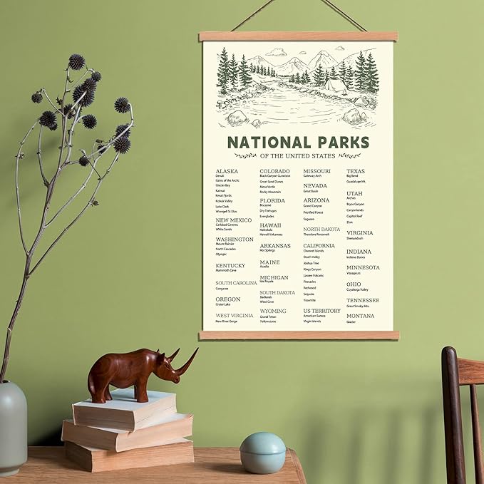 KAIRNE US National Park Checklist Poster,Park Posters for Travel Sign With Wooden Hanging Framed(28CMx46CM),Inspirational Rustic Decor,National Park Map Posters Gift for Hiker or National Park Lover