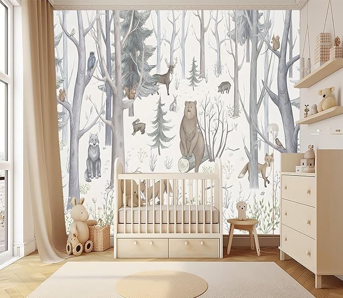 XMPMBM-Cartoon Hand-Painted Animals Woodland Nursery Room Fabric Wallpaper Graffiti Pine Forest Kids Gaming Room Wall Mural-W 132" X H 92"（93 Square Foot）