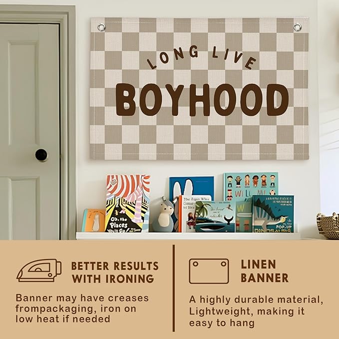 Lacama Boho Long Live Boyhood Boys Room Decor, Boy Nursery Decor, Linen Banner Wall Hanging Canvas Banner Flag Decor for Toddler Boy Room Nursery 30x20 In