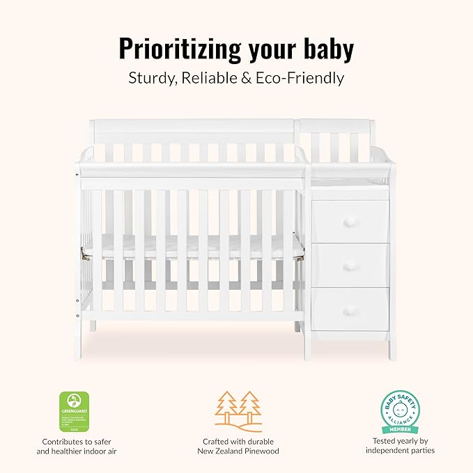 Dream On Me Jayden 4‑in‑1 Mini Convertible Baby Crib & Changer with Storage in White, Pinewood, GreenGuard Gold & JPMA, 1” Mattress Pad, 3 Mattress Heights, Converts to Mini Day & Twin-Size Bed