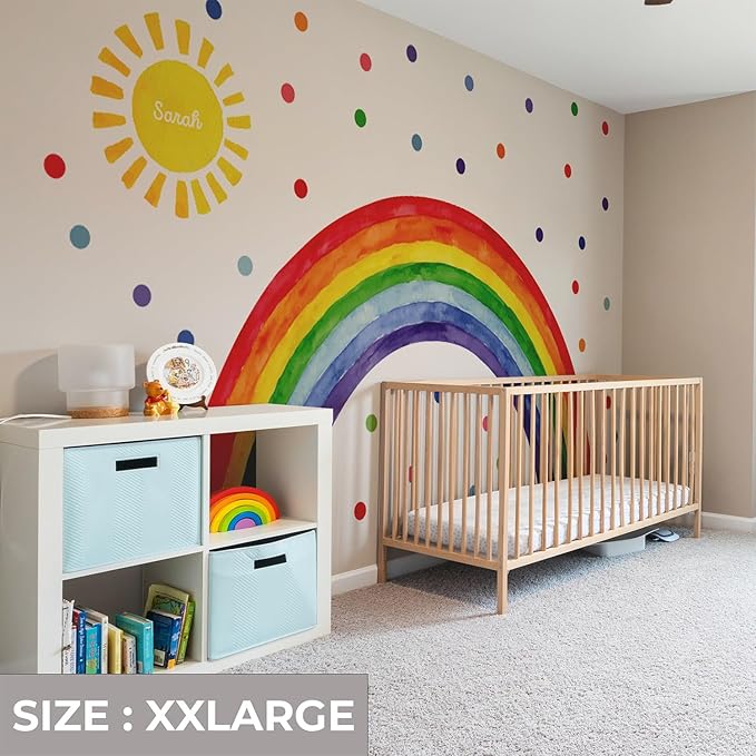 Watercolor Rainbow, Sun, Polka Dots Wall Decal for Kids Room, Nursery, Baby Room Decor, Polka Dots Mural, Rainbow Wallpaper (Vibrant Rainbow, XXLarge)
