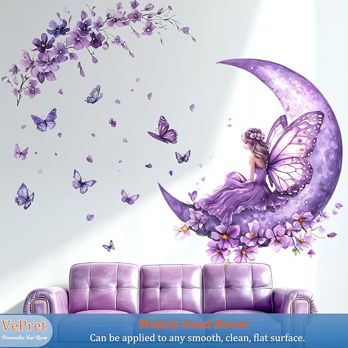 Purple Fairy Wall Decals Peel and Stick, Butterflies Moon Flowers Wall Stickers, Removable Vinyl Home Decor Art for Girls Bedroom Baby Nursery Daycare