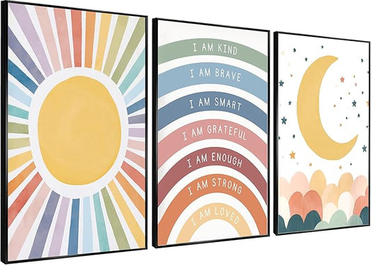 KBIERQN 3Pcs Boho Sun moon Wall Art Nursery Positive Affirmations Rainbow Poster Prints Bohemian Star Heart Canvas Picture for Toddler Baby Girls Room Playroom Bedroom Wall Decor 16x24in Unframed