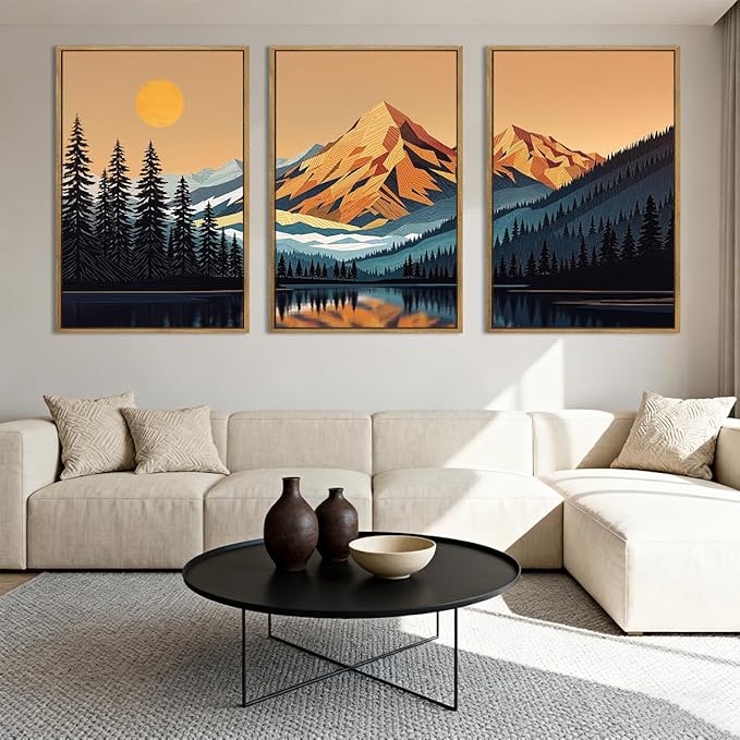 IARTTOP Large Mountain Framed Canvas Wall Art 16x24 Inch Abstract Mountain Landscape Wall Decor Set of 3 Modern Nature Scenery Art Prints for Living Room Bedroom Office