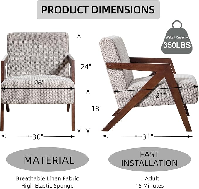INZOY Mid Century Modern Accent Chair with Wood Frame, Upholstered Reading Armchair with Soft Linen Fabric, Accent Chair for Living Room Bedroom Apartment, Easy Assembly, Light Brown