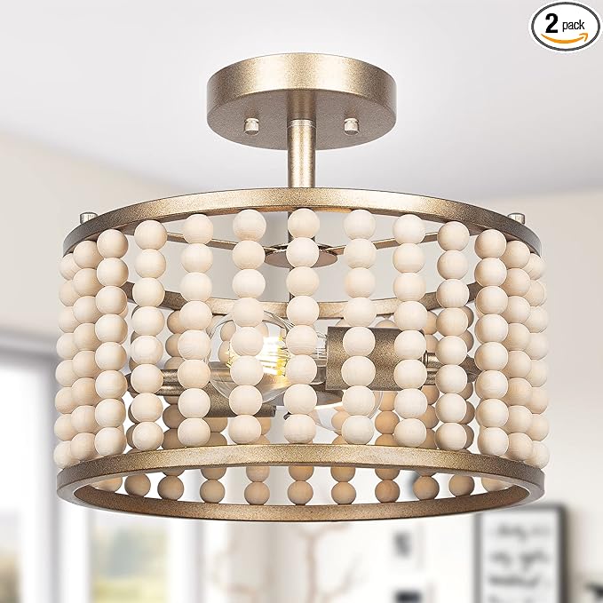 Boho Light Fixture - Wood Beaded Semi Flush Mount Ceiling Light, Modern Farmhouse Chandelier, Golden 2 Lights Nursery Light Fixture for Bedroom Hallway Foyer Kitchen Island Living Room, E26 Base