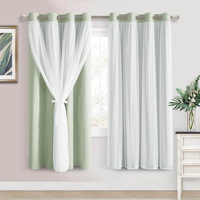 DWCN Layered Curtains for Living Room Blackout and Sheer Curtains with Tiebacks Grommet Top Window Treatments with Sheer Overlay for Bedroom, 52 W by 63 L, Seafoam, 2 Pieces