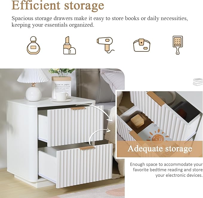 Fluted Nightstand with Charging Station, 23" Night Stands with 2 Drawers, Wood End Table with Storage, White Bedside Cabinet for Bedroom