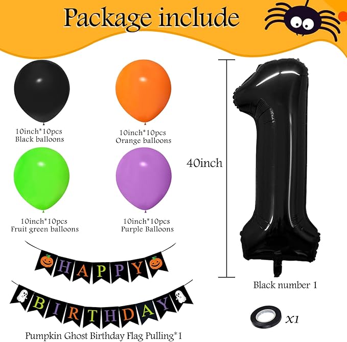 Halloween Decorations for Boys/Girls - Black, Orange, Purple, Green Balloons (40" & 1" Sizes) with Spooky Birthday Banner