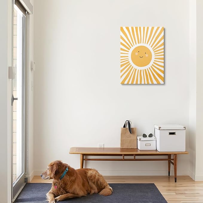 XWELLDAN Cute Cartoon Smiling Sun Cheerful Nursery Wall Art Canvas Prints,Watercolor Boho Neutral Sun Sunshine Wall Art Decor for Kids Baby Bedroom Nursery Playroom, 11 x 14 Inch, Framed