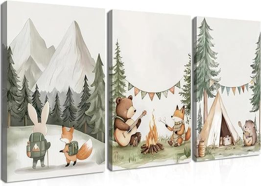 AKWISH Nursery Woodland Animals Canvas Wall Art, Cute brave Bear Fox Rabbit Hedgehog Nursery Wall Decor, Framed Wildlife Camping Picture Prints for Kids Room Baby Bedroom – 12x16in