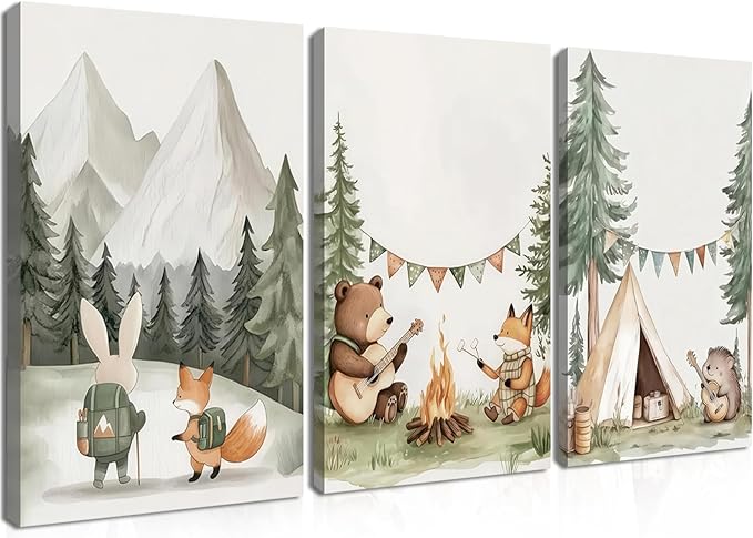 AKWISH Nursery Woodland Animals Canvas Wall Art, Cute brave Bear Fox Rabbit Hedgehog Nursery Wall Decor, Framed Wildlife Camping Picture Prints for Kids Room Baby Bedroom – 16x24in