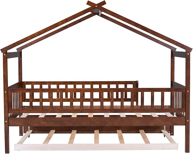 Merax Twin Size Wooden House Bed with Twin Size Trundle, Wood Bed Frame with Roof and Safety Guardrail for Kids, Teens, Boys or Girls, Walnut
