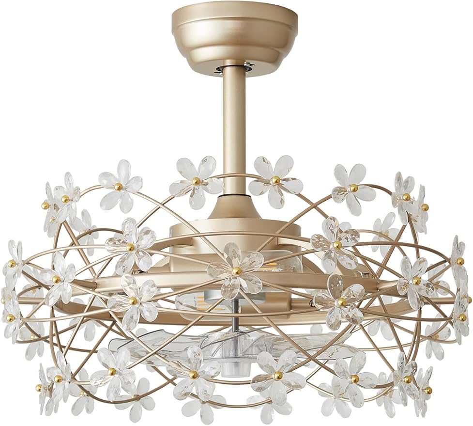 20" Gold Crystal Fandelier Ceiling Fan with Light, Mid-Century Chandelier Ceiling Fan with Light Remote Control, Flower Caged Enclosed 6 Speeds for Bedroom, Nursery, Foyer, Living Room