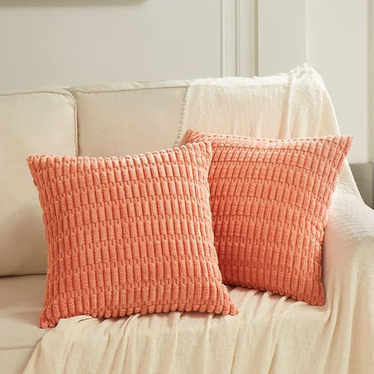 Fancy Homi 24x24 Pillow Covers, Pack of 2 Coral Throw Pillow Covers with Stripe Pattern, Super Soft Corduroy Square Solid Cushion Cover for Couch Sofa Bedroom Living Room 60x60 cm