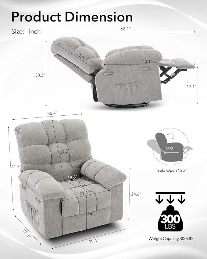 Swivel Recliner Chair, Upholstered Fabric Comfy Rocking Chair, Sturdy Q235 Steel Frame Nursery Glider, 300 LBS Capacity, for Small Spaces, Living Room, Bedroom, Light Grey