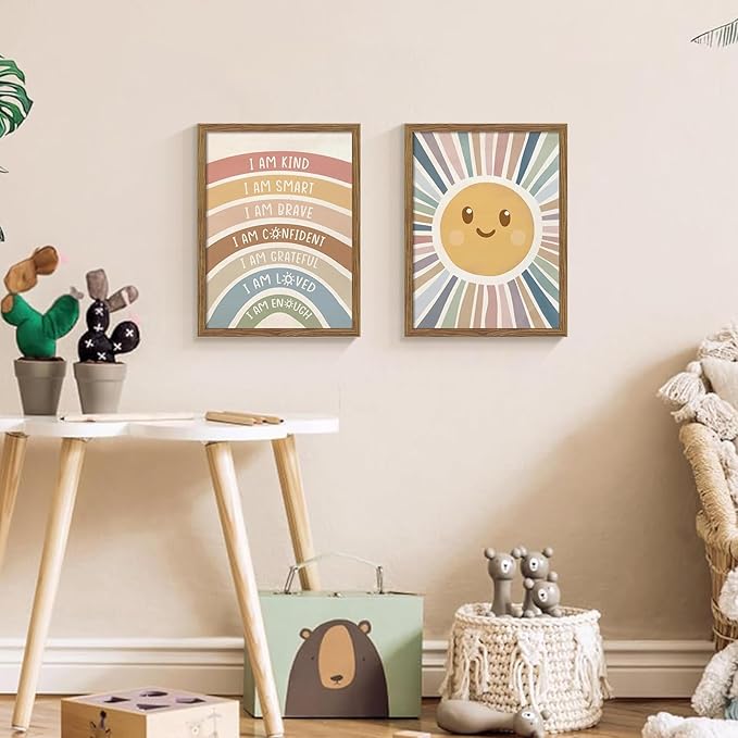 Dytila 2 Piece Framed Boho Rainbow Kids Room Wall Art, Positive Affirmations Playroom Wall Decor, Sun Smiley Face Nursery Painting Canvas Prints for Classroom Toddler Room Decor 12x16 Inch