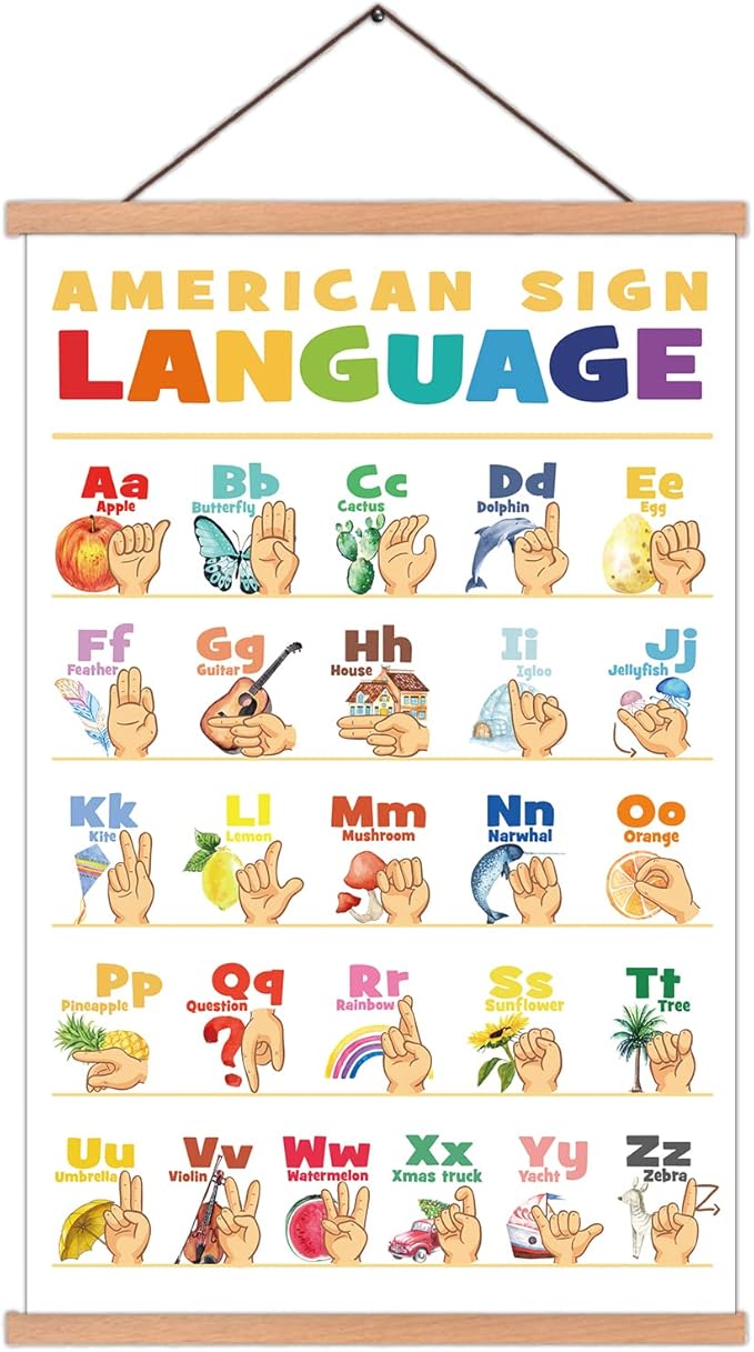 KAIRNE American Sign Language Poster With Wood Magnetic Hanger Framed(11X17.7inch),Alphabet Learning Decor With Common Words ABC Chart Wall art for Toddlers Kids Room Classroom Playroom Decor