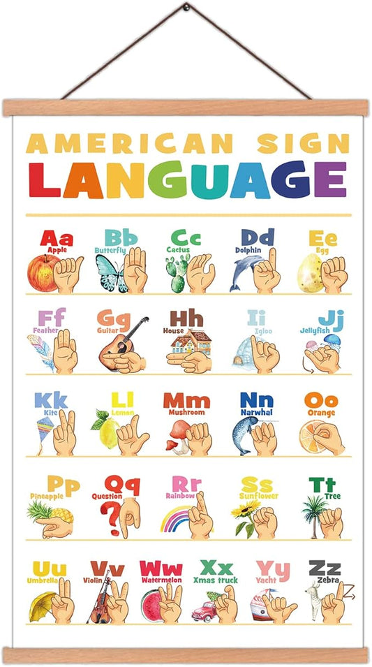 KAIRNE American Sign Language Poster With Wood Magnetic Hanger Framed(11X17.7inch),Alphabet Learning Decor With Common Words ABC Chart Wall art for Toddlers Kids Room Classroom Playroom Decor