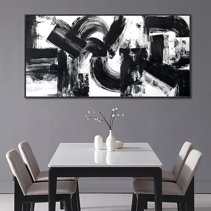 Framed Large Abstract Canvas Wall Art for Living Room, Neutral Black White Modern Art Prints, Minimalist Black Geometric Curves & Blocks Pictures Painting Artwork for Bedroom Office Wall Decor 28"x58"