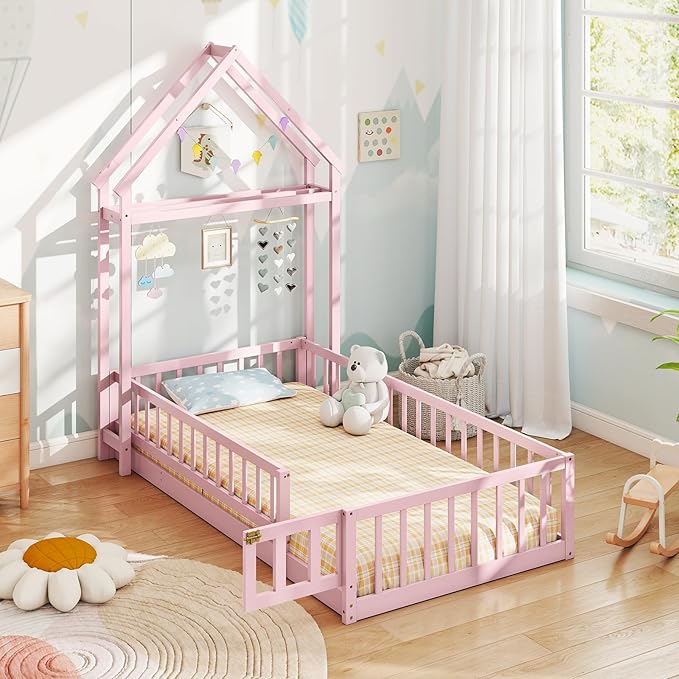 MAT EXPERT Twin Floor Bed with House-Shaped Headboard, Montessori Kids Bed with Detachable Clothes Hanger, Full Length Safety Guardrails, Solid Wood Twin Bed Frames for Kids (Pink)