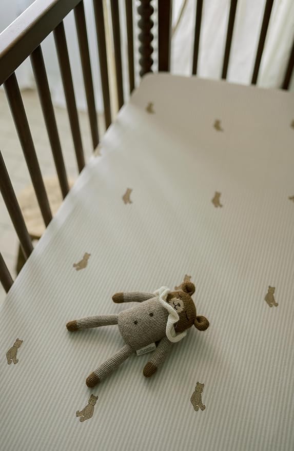 Oilo Crib Sheet, Breathable, Fitted, Organic Cotton Jersey, 300-Thread, Machine Wash, Fits Standard Crib (28" x 52" x 6"), Toddler Bedding, Heirloom Organic Collection, Bear