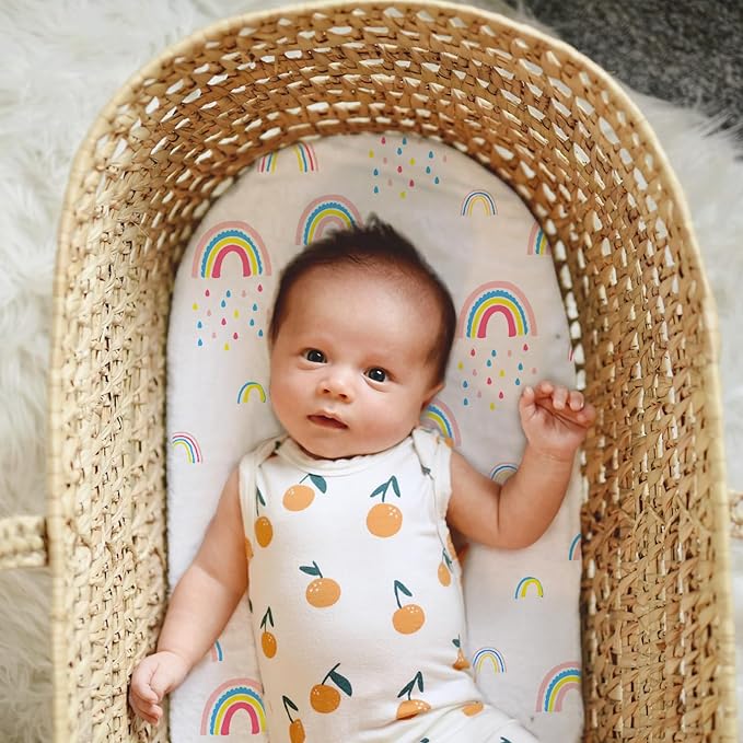 Little Grape Land Bassinet Sheets for Baby Boys Girls 4 Pack, 33" x 18" Extra Soft Breathable Fitted Bassinet Sheets, Bedside Sheets Fit for Oval Rectangle and Hourglass Bassinet Mattress (Rainbow)
