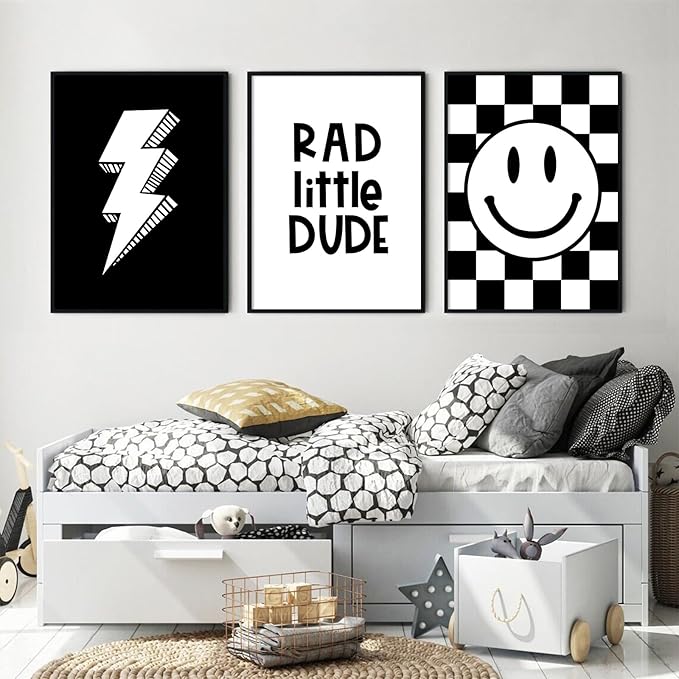 Boys Room Wall Art Decor Set of 3 Toddler Nursery Canvas Wall Art Baby Kids Wall Decor Black Checkered Smiley Poster Pictures Retro Playroom Rad Little Dud Art Prints for Bedroom 12x16 Inch Unframed