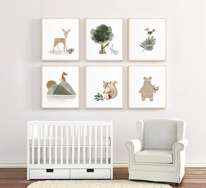 6 Pieces Woodland Nursery Canvas Wall Art Neutral Sage Green Bohemian Minimalist Forest Animals Paintings Pictures Wall Decor Poster Print Artwork For Kids Room Baby Room Boys Girls Bedroom Frameless