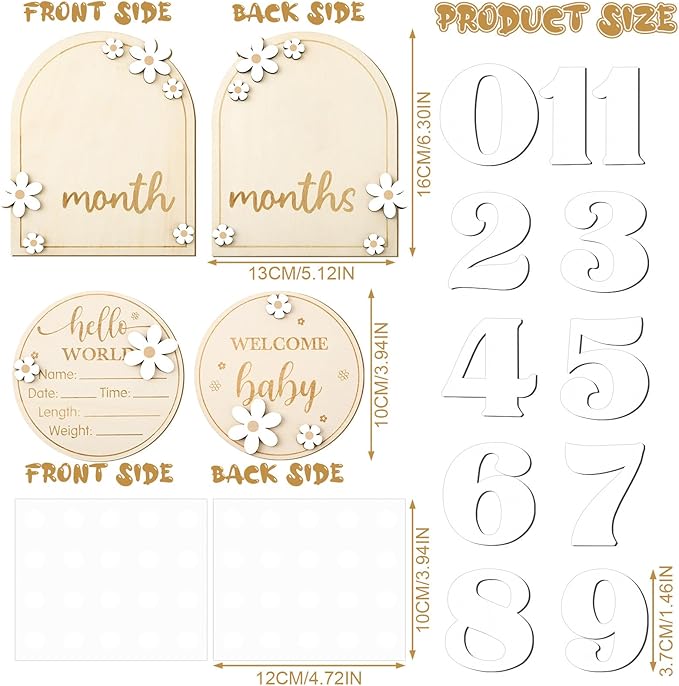 Baby Monthly Milestone Cards with Hello World Newborn Sign, Daisy Baby Milestone Signs Baby Monthly Milestone Wood Discs Baby Announcement Sign for Baby Growth Photo Props