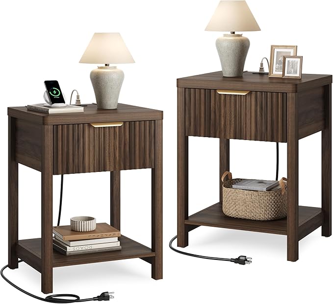 Lulive Night Stand Set 2, Fluted Nightstand with Charging Station, Wood Modern Bedside End Table with Storage Drawer for Bedroom, Save Space (Set of 2, Walnut)