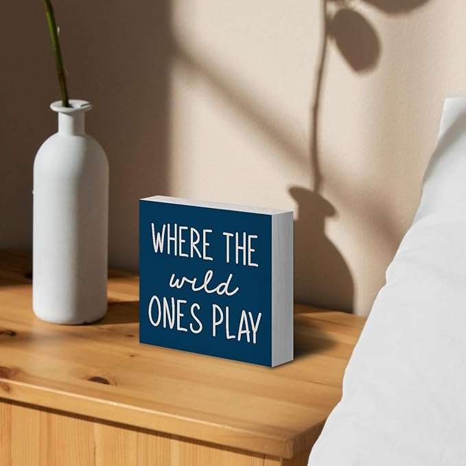Where The Wild Ones Play Navy Blue Wood Box Sign Desk Decor 5X5, Nursery Kids Room Wooden Block Sign Decorations for Playroom Toddler Boys Girls Room Wall Tabletop Shelf Decor
