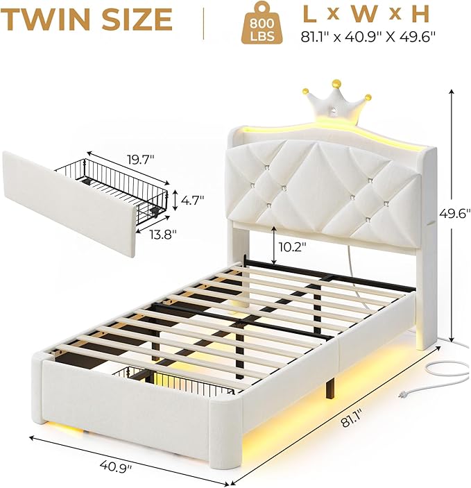 MSmask Twin LED Bed Frame with Storage Headboard & Drawer, Princess Upholstered Bed with Charging Station & Crystal Button & Crown, Velvet Platform Bed for Girls, Solid Wood Slats, Curved Legs, White