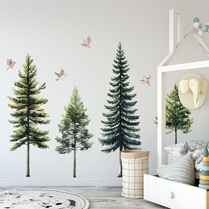 46.8" Green Pine Tree Wall Decals Large Forest Tree Wall Stickers 4 Sheets Peel and Stick Bird Wall Decal for Living Room Bedroom Nursery Kids Room Christmas Decor (Green Pine Trees)