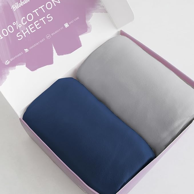 Bassinet Sheets Fit for Halo Bassinest Swivel/Flex/Glide Sleeper and 4moms mamaRoo Sleep Bassinet,100% Cotton, 2 Pack, Ultra Soft Bassinet Sheet, Gray and Navy Blue