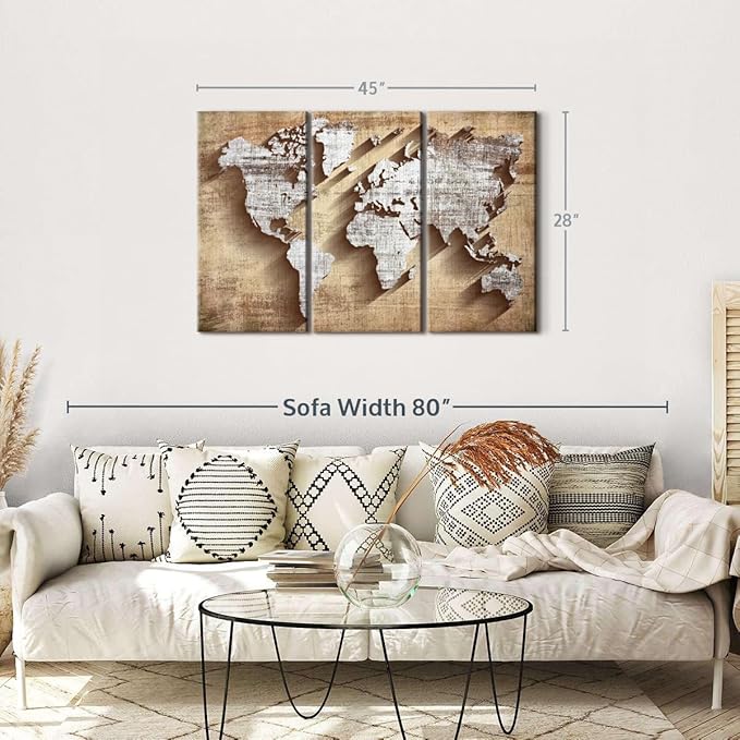 ElephantStock Dimensional World Map II Multi Piece Canvas - 3 Piece Canvas World Map Wall Decor - Wall Decor - Ready-to-Hang Print - Vintage Wall Art - 45" X 28"