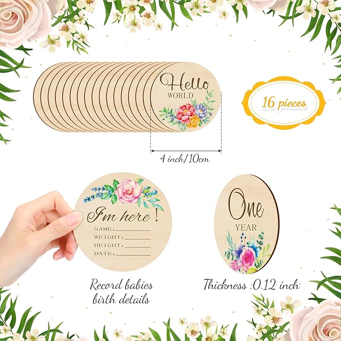Tiamon 16 Pieces Wooden Baby Monthly Milestone Cards Monthly Milestone Marker Discs Double Sided Wooden Circles Months Signs for Baby Shower Newborn Photo Props(Fresh Flowers)