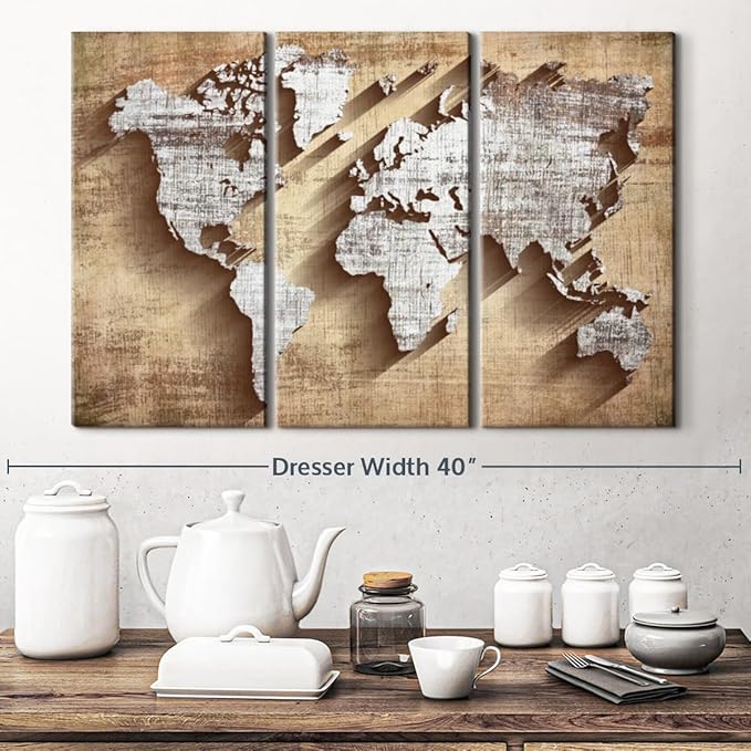 ElephantStock Dimensional World Map II Multi Piece Canvas - 3 Piece Canvas World Map Wall Decor - Wall Decor Ready-to-Hang Print - Vintage Wall Art - 33" X 20"