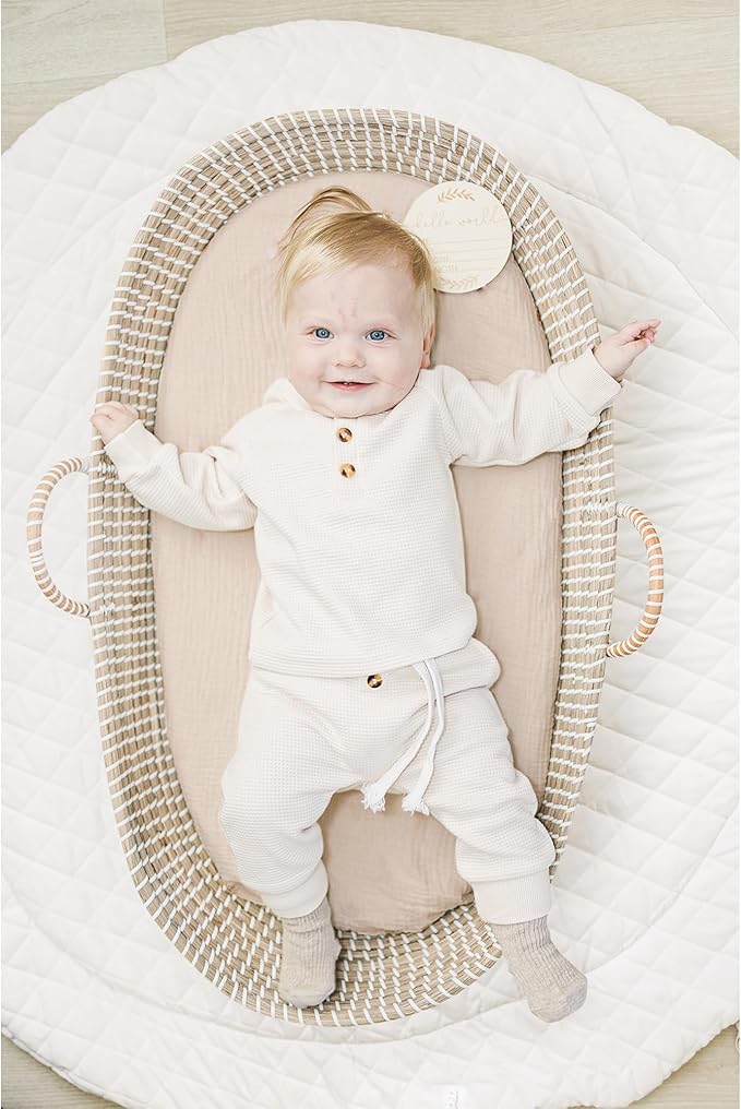 Konssy 2 Pack Muslin Bassinet Sheets for Baby Boy, 100% Cotton Soft Breathable Bassinet Mattress Sheets Fit for Hourglass Oval Cradle Rectangle Mattress (Navy,Cream)