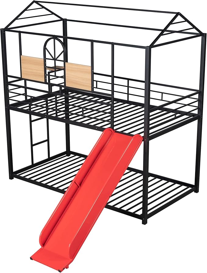 MERITLINE Metal Bunk Bed Twin Over Twin Bunk Bed Frame with Slide,Twin Over House Bed with Guardrails