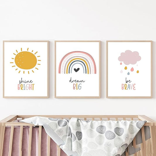 LUHDFYS Boho Rainbow Nursery Wall Art,Dream Big Canvas Print,Rainbow Sun Cloud Inspirational Poster,Unframed Kids Room Decor