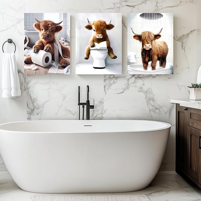 Hianan Funny Highland Cow Canvas Wall Art, Cute Brown Cow Bathroom Decor, Framed Animal Bathing Poster Prints, Retro Rustic Farmhouse Wrapped Canvas Artwork for Restroom 12"x16"x3