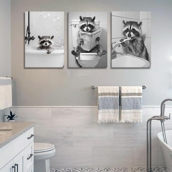 Funny Raccoon Bathroom Canvas Wall Art set of 3 Black and White Cute Raccoon Sitting on Toilet Poster Print Artwork Humor Adorable Animals Pictures Wall Decor for Washroom Restroom laundry 12x16in